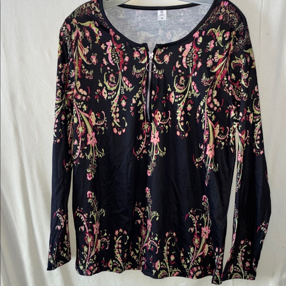 Floral Long Sleeve Women's Top - Black and Pink